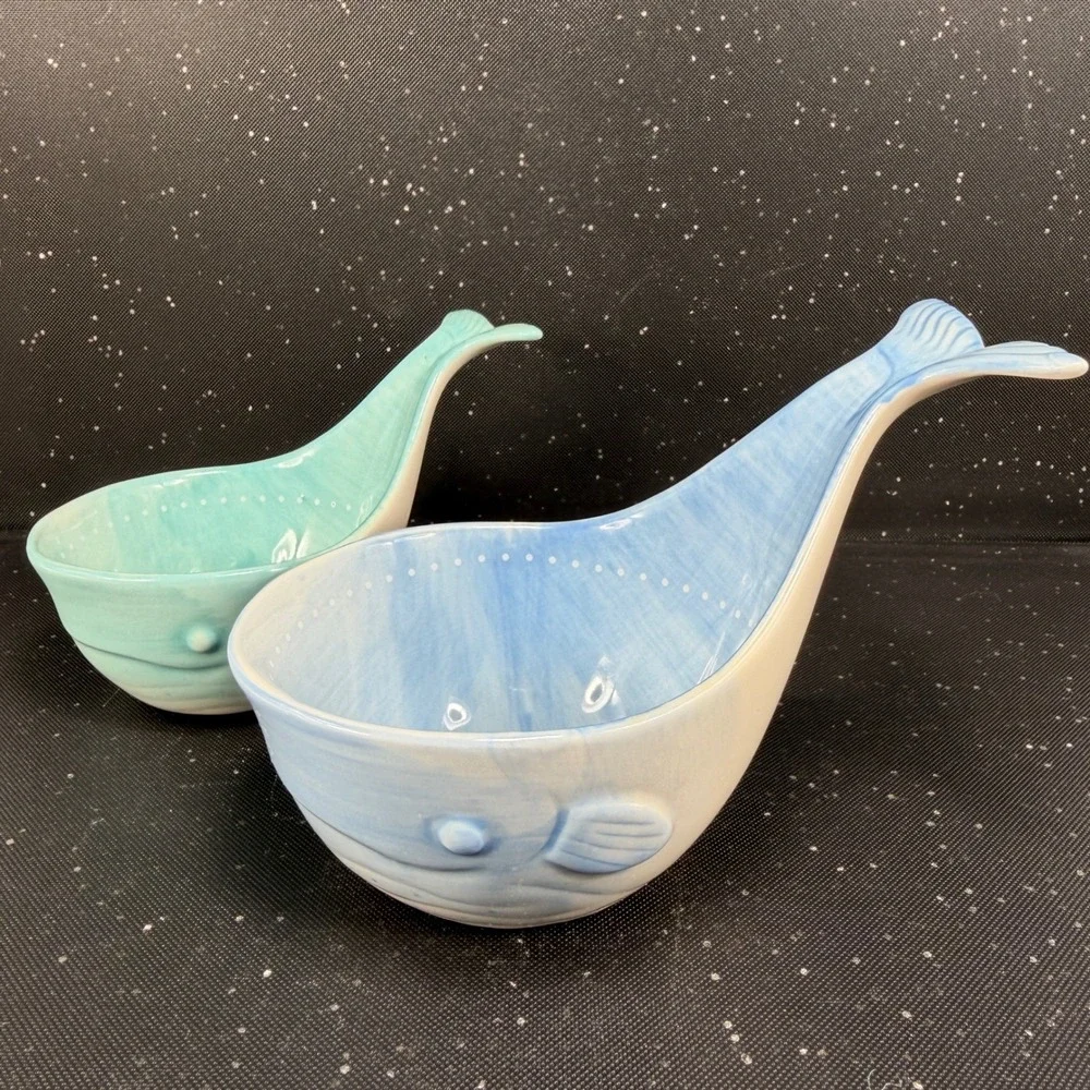 Anthropologie Whale Ceramic Measuring Cup Set Blue Teal 4 Piece Nesting Set